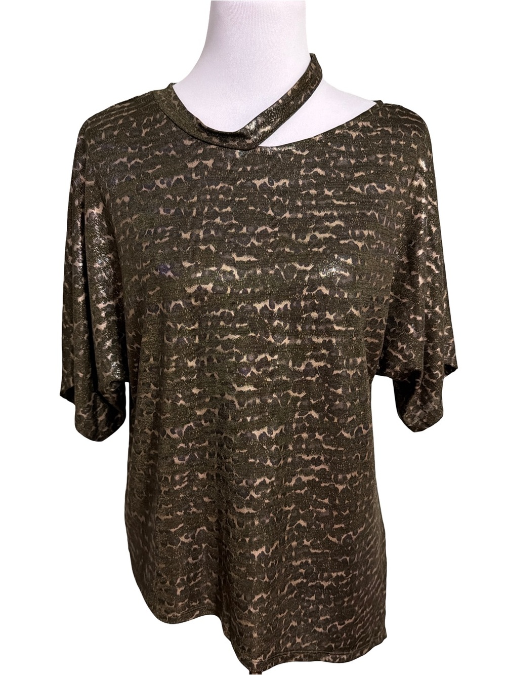 Dkny Olive Green Cutout Neck Short Sleeve Blouse